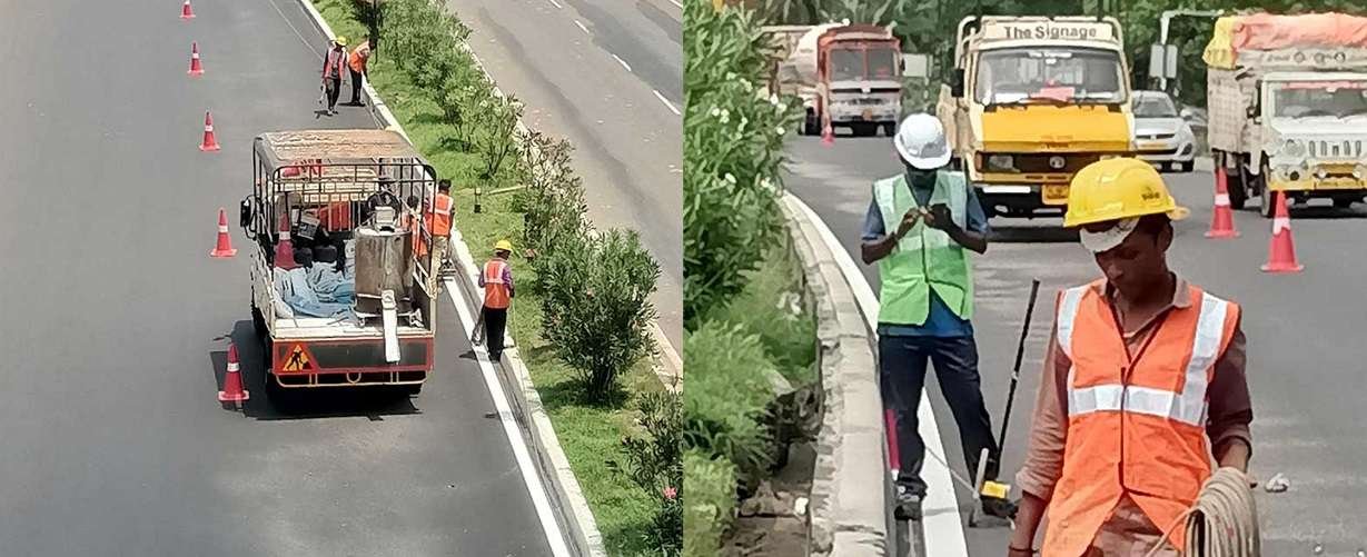 Crew working along a highway median
