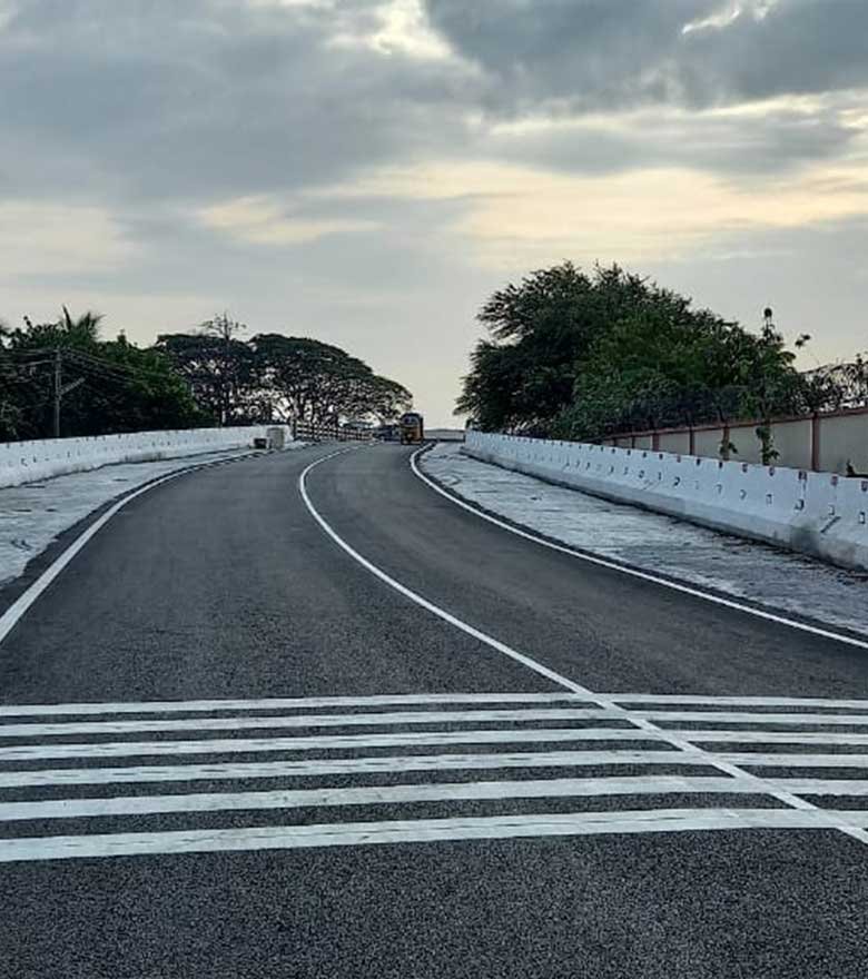 Fresh markings on a bridge approach